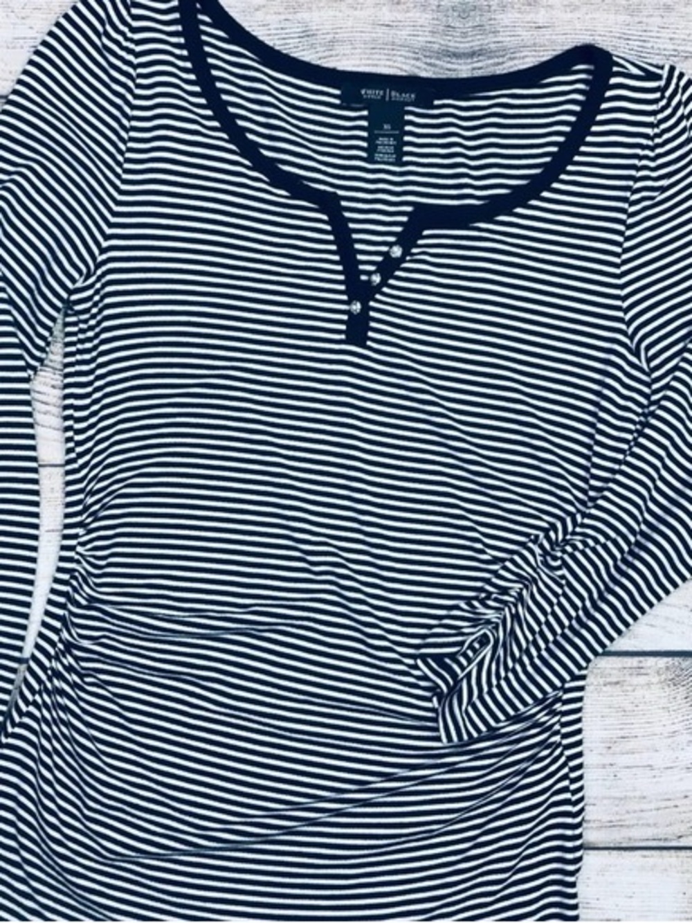 Maternity Black & White Striped Henley Top by White House Black Market Size M